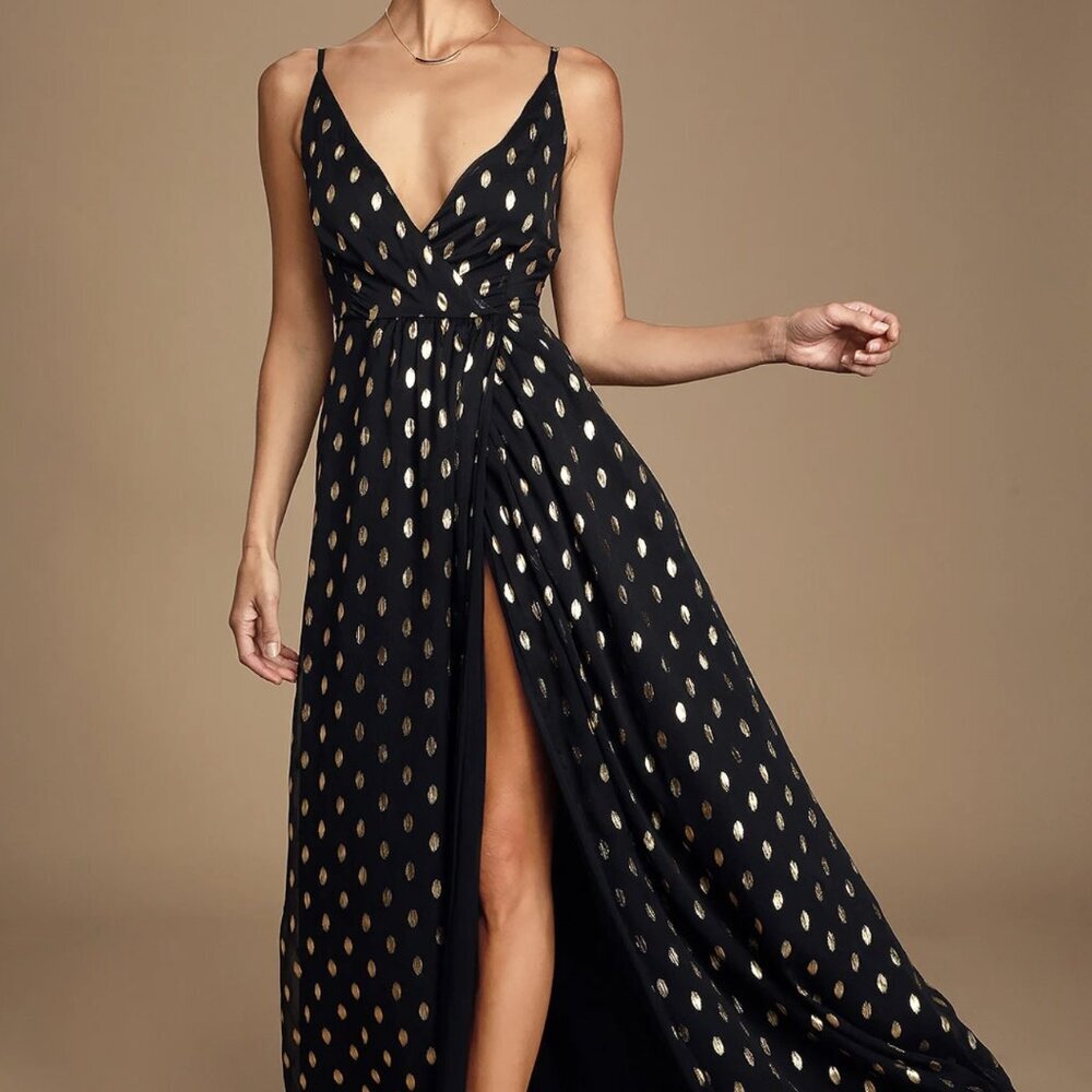 NWT Lulus Galaxy Lights Black and Gold Polka Dot Sleeveless Maxi Dress - Picture 2 of 9